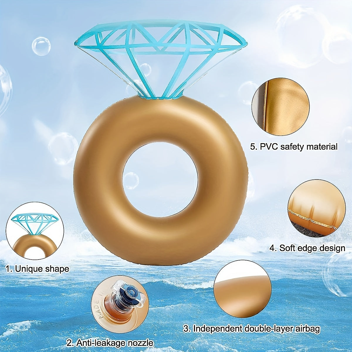 One PVC Swimming Ring, Inflatable Diamond Swim Float with Backrest Lounge Chair, Floating Bed Beach Pool Circle